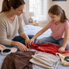 Parent and child choosing simple Book Week costume pieces at home