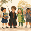 Six Australian primary school kids in different easy book week costumes lined up for the school parade