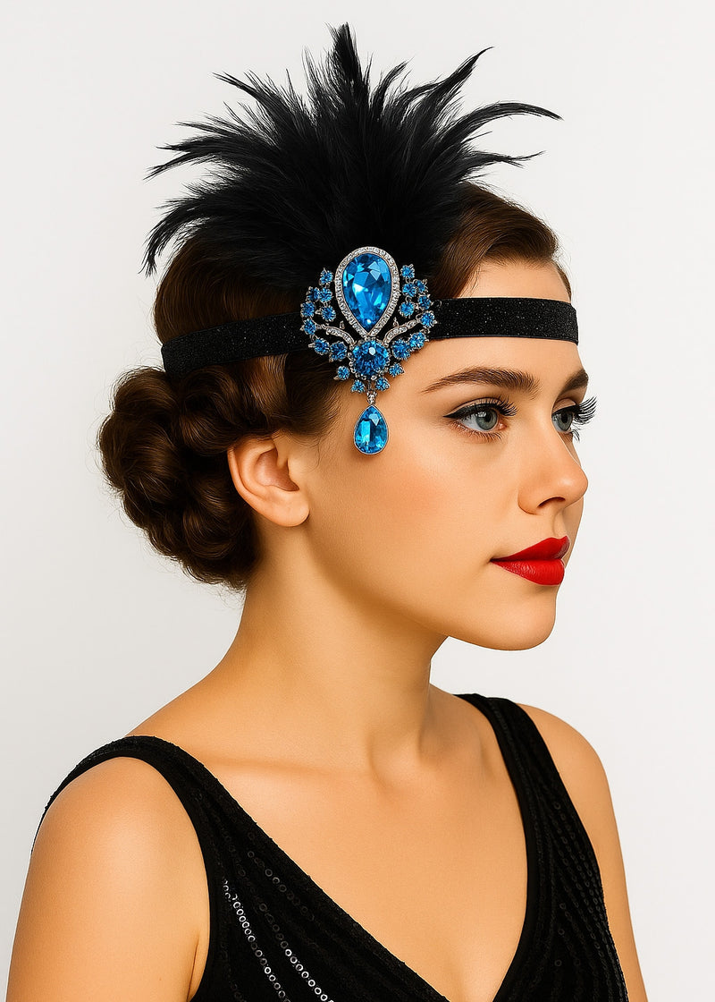 Adult 1920s flapper headband with turquoise blue rhinestone centerpiece and black feather plume on elastic band