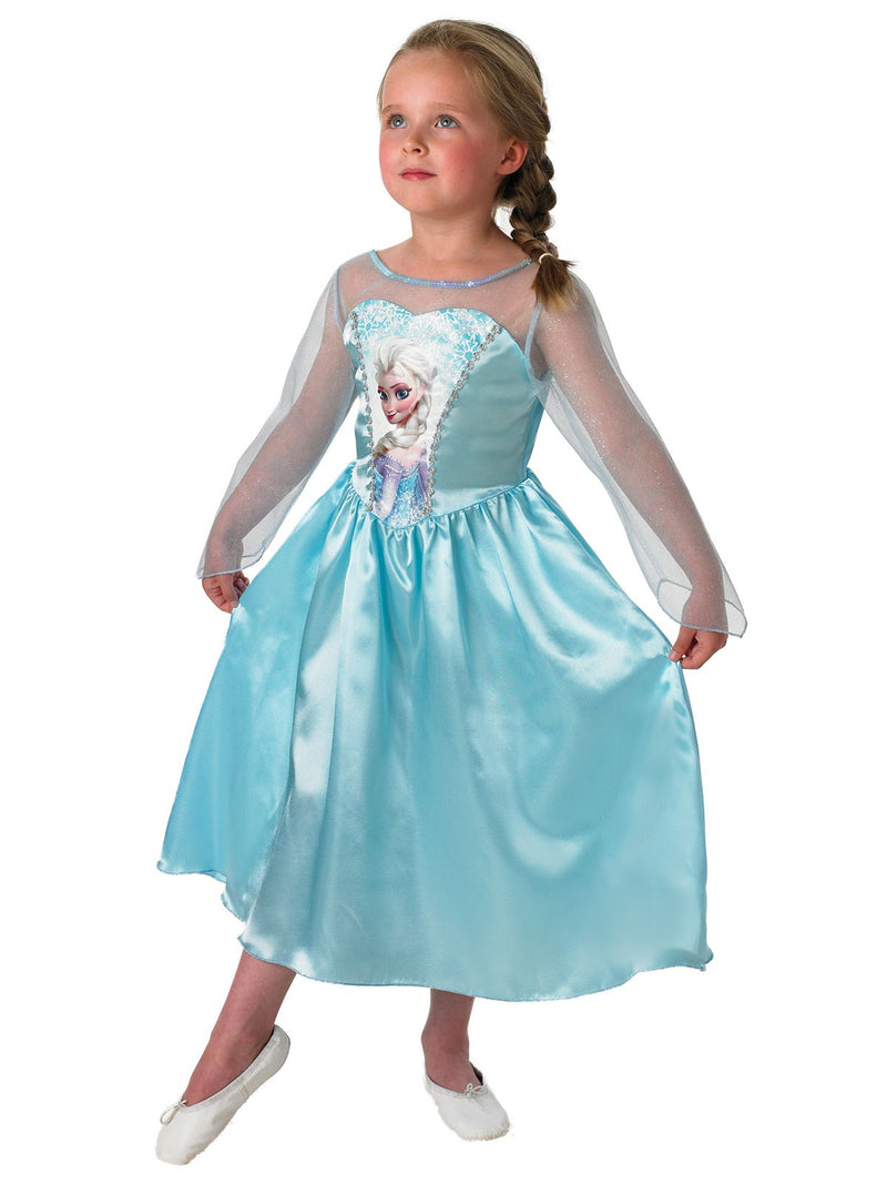 Kids Disney Frozen Elsa costume dress with ice blue satin skirt and sparkly sleeves