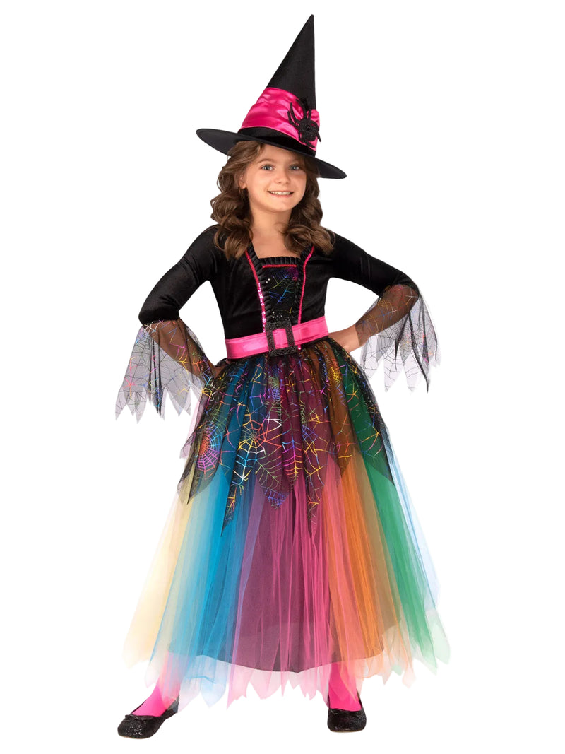 Girls rainbow spider witch costume with layered tulle skirt and pointed hat