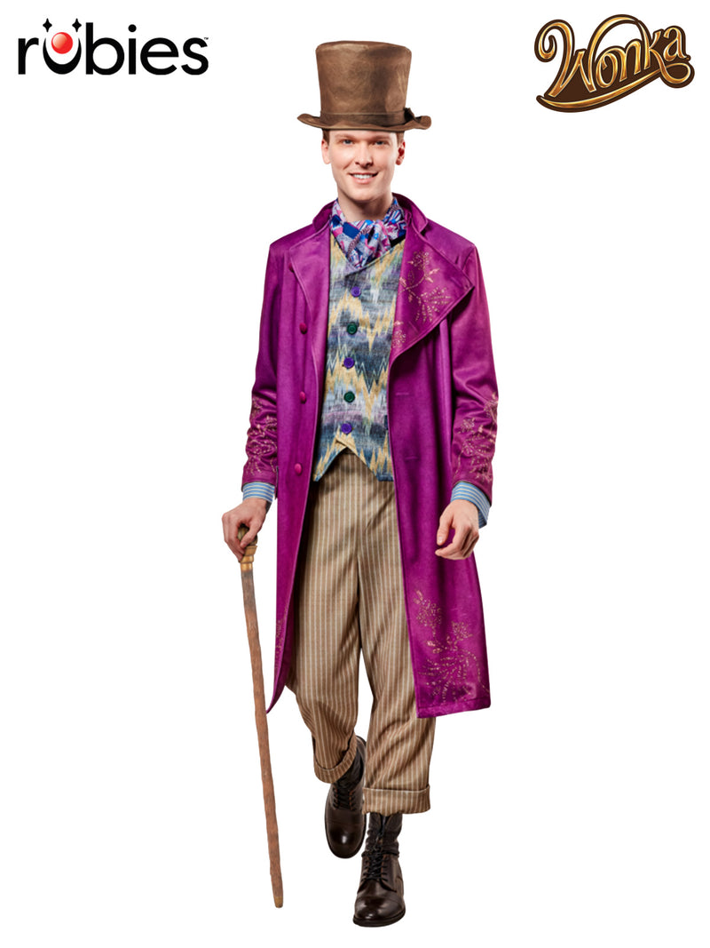 Mens Willy Wonka Deluxe Costume with purple velour coat and brown top hat