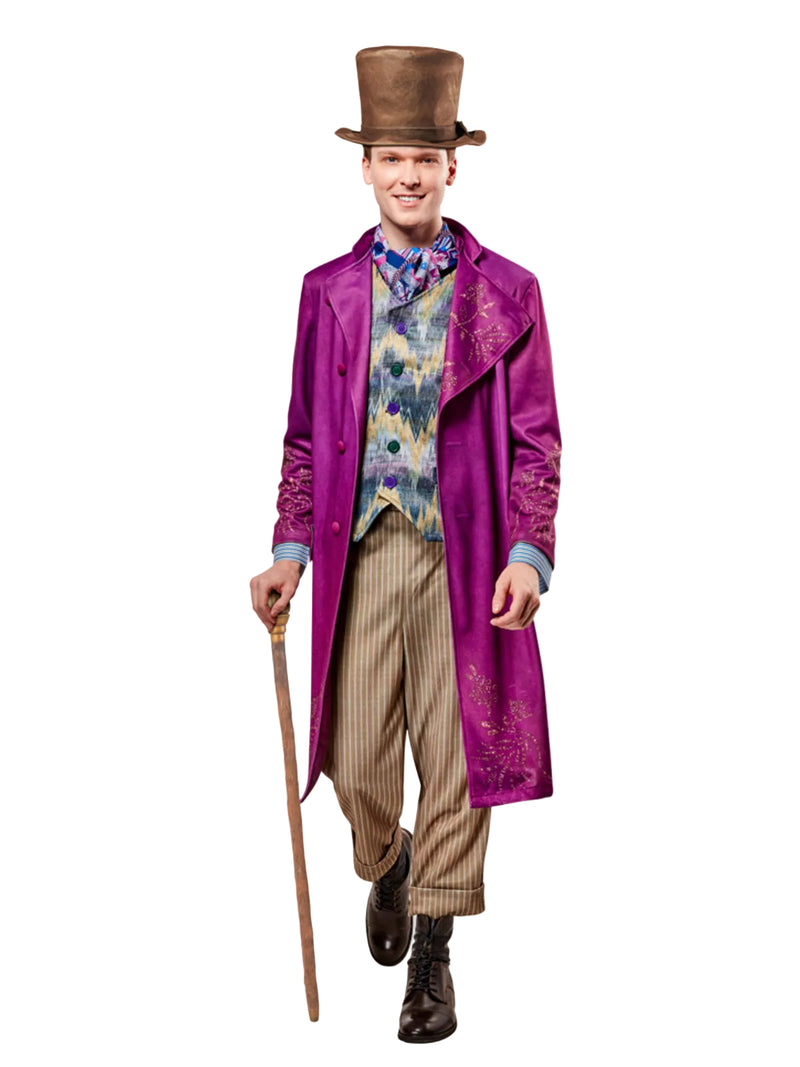 Mens Willy Wonka Deluxe Costume with purple velour coat and brown top hat