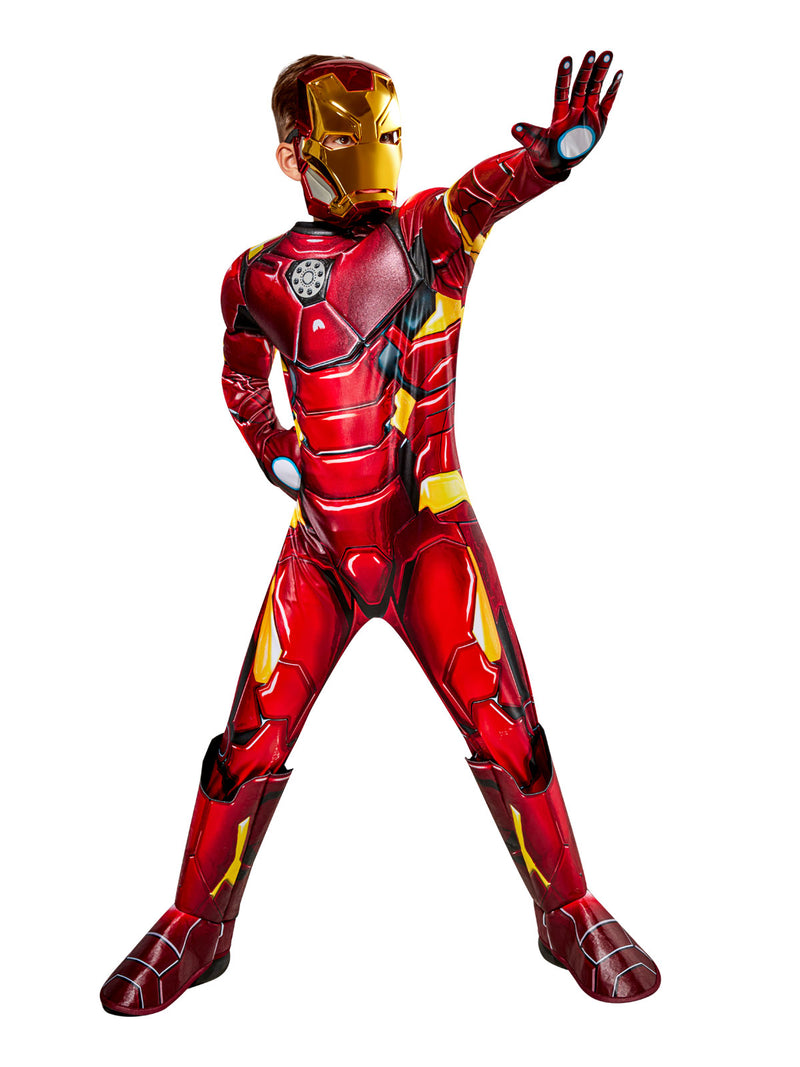Child wearing premium Marvel Iron Man costume with gloves and mask