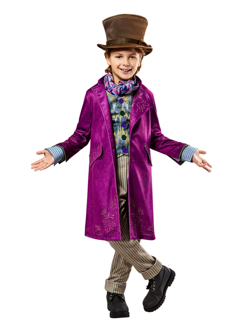 Kids Willy Wonka costume with purple velvet tailcoat, brown top hat, striped pants and colorful vest
