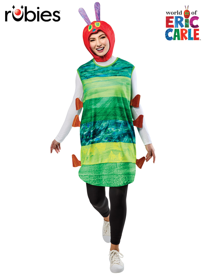 Adult wearing The Very Hungry Caterpillar costume with green striped tabard and red headpiece