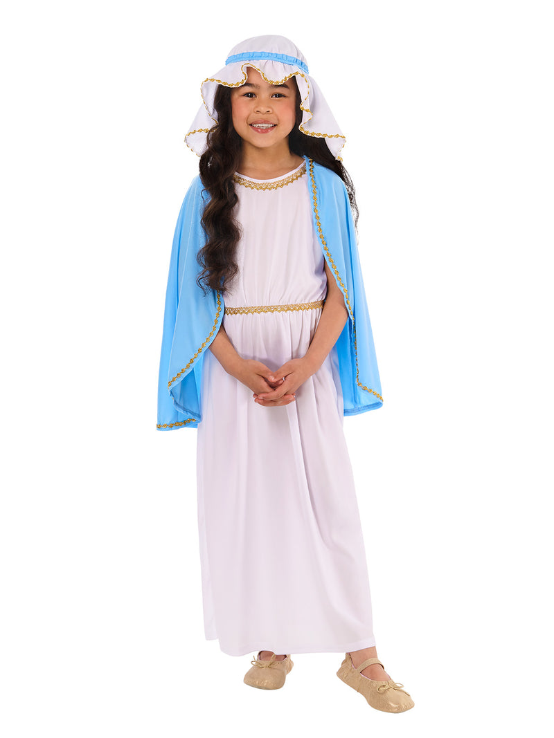 Child wearing biblical Mary costume showing full-length tunic and draped robe
