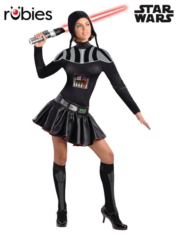 Womens Darth Vader costume dress with printed chest armor, mini skirt, and headpiece