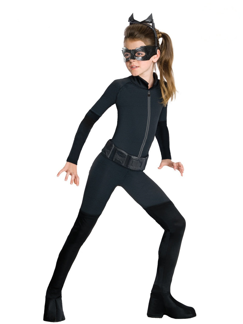 Kids Catwoman costume full black jumpsuit with honeycomb armor panels and cat-ear mask