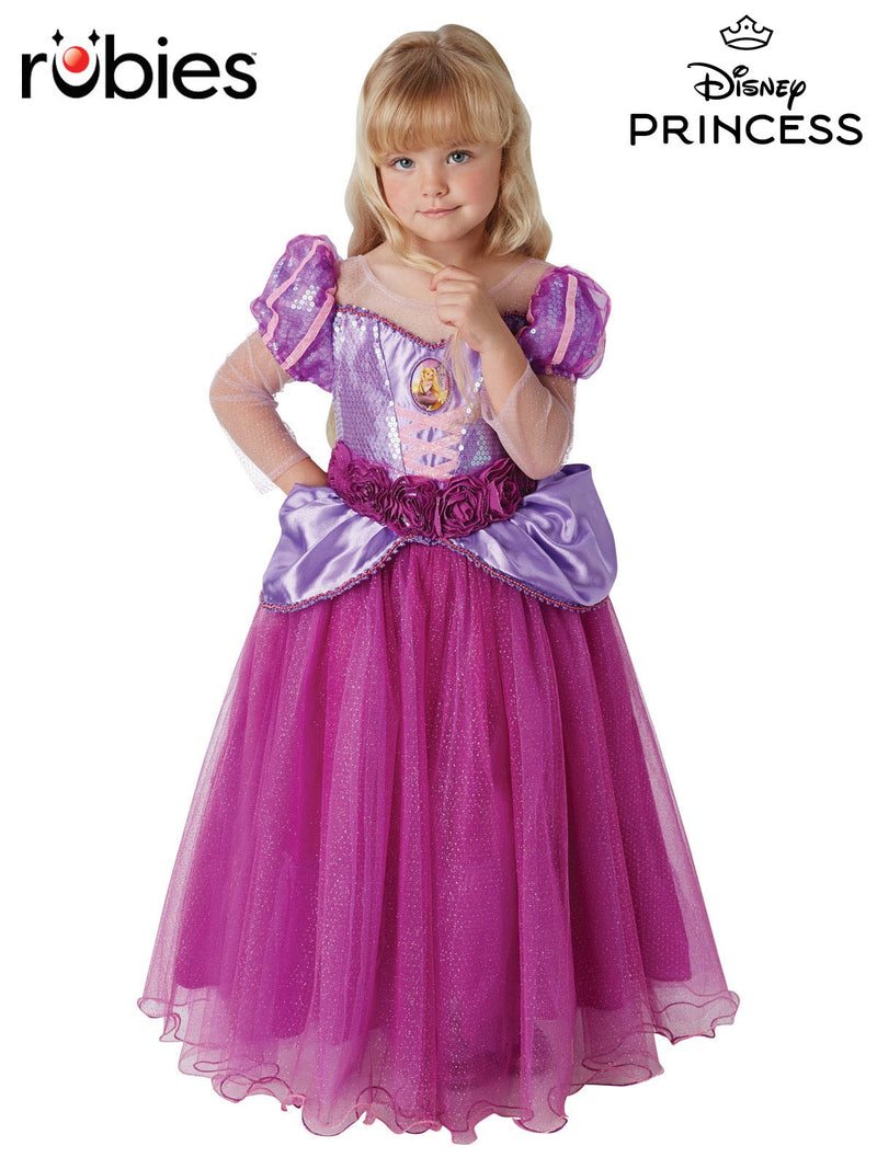 Kids Rapunzel costume dress with sequined purple bodice and glitter tulle skirt
