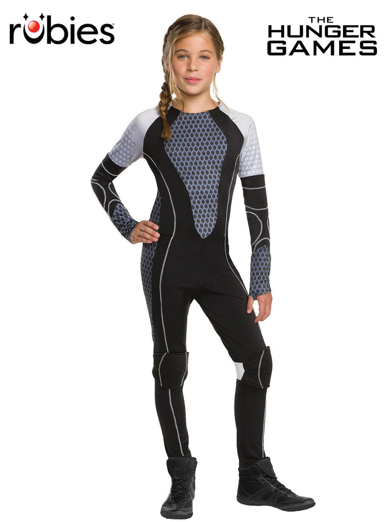 Kids Katniss Hunger Games costume full body view showing black jumpsuit with grey hexagonal armor print