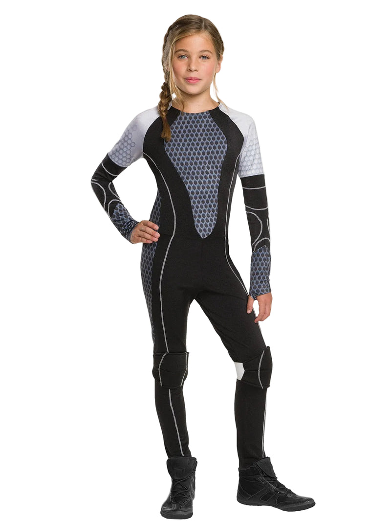 Kids Katniss Hunger Games costume full body view showing black jumpsuit with grey hexagonal armor print