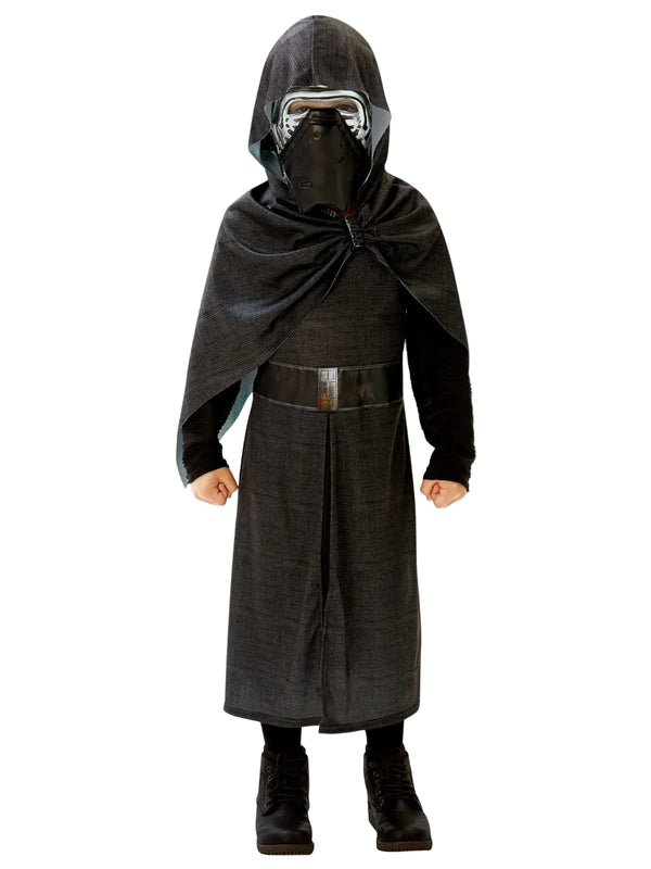 Kids Kylo Ren costume with black hooded robe, asymmetrical cape and chrome-detailed mask