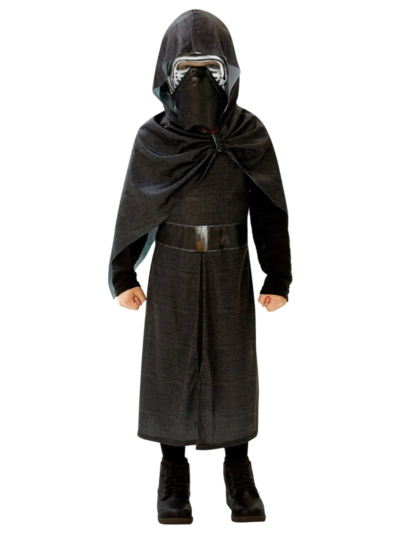 Kids Kylo Ren costume with black hooded robe, asymmetrical cape and chrome-detailed mask