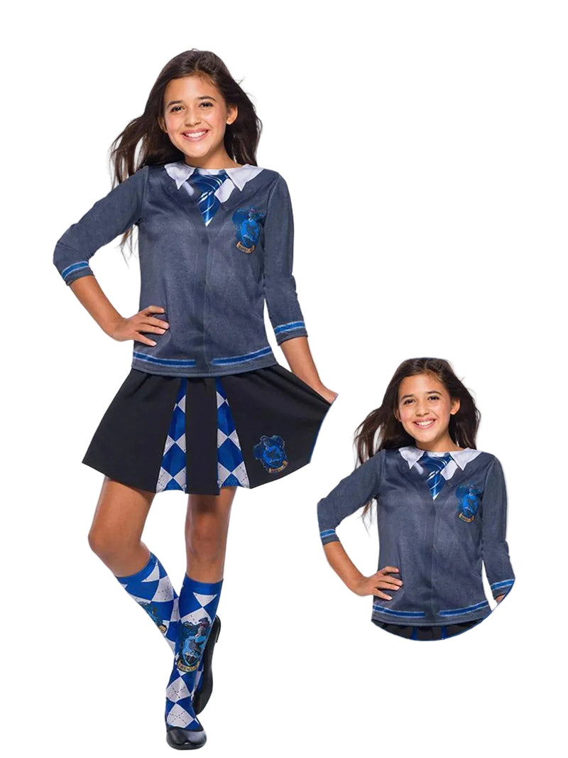 Kids Ravenclaw costume top with printed house crest and striped tie design