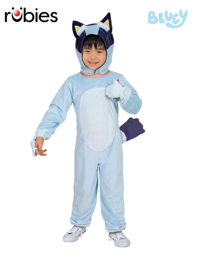 Kids Bluey costume full-body velour jumpsuit with 3D ears and tail on toddler model