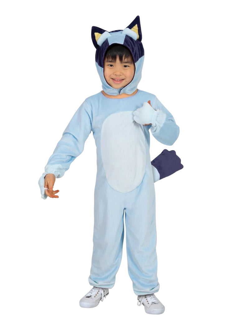 Kids Bluey costume full-body velour jumpsuit with 3D ears and tail on toddler model