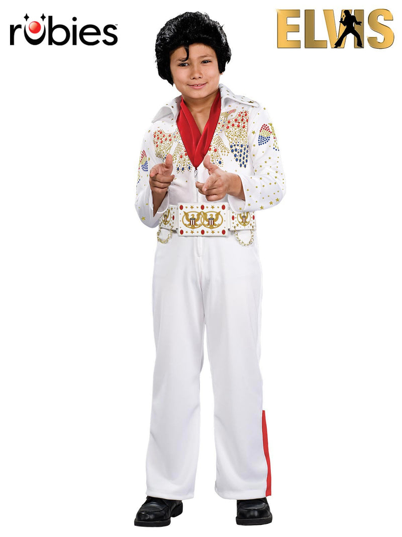 Kids Elvis white jumpsuit costume with jewelled print and stand-up collar