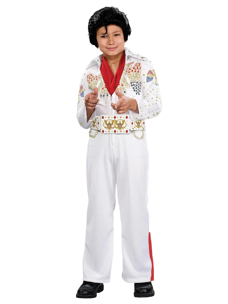 Kids Elvis white jumpsuit costume with jewelled print and stand-up collar