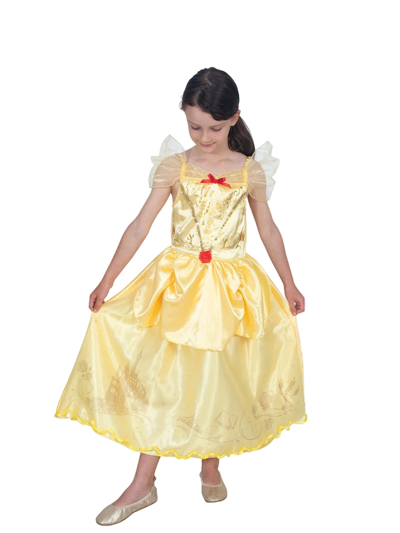 Kids Belle princess costume in golden yellow satin ball gown with off-shoulder tulle collar