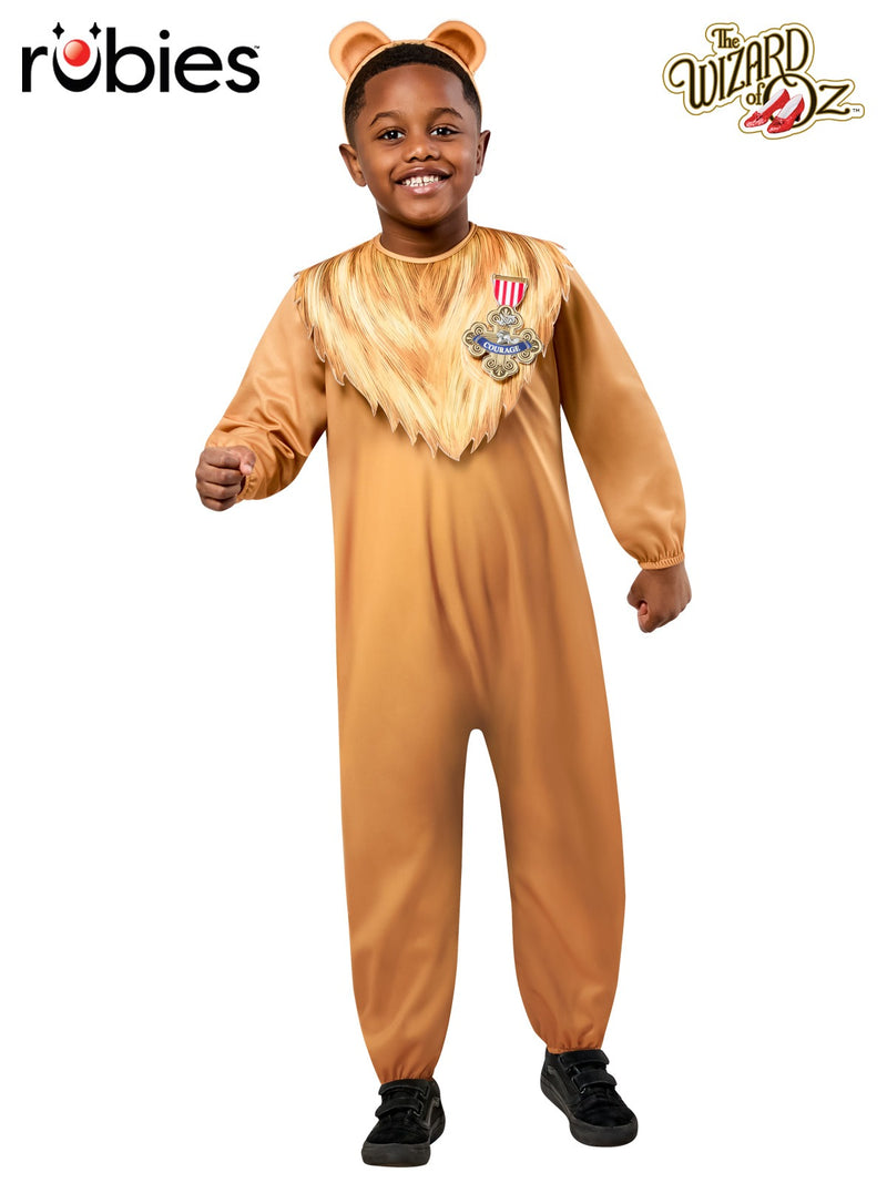 Kids Cowardly Lion Costume full jumpsuit with golden mane and Courage medal