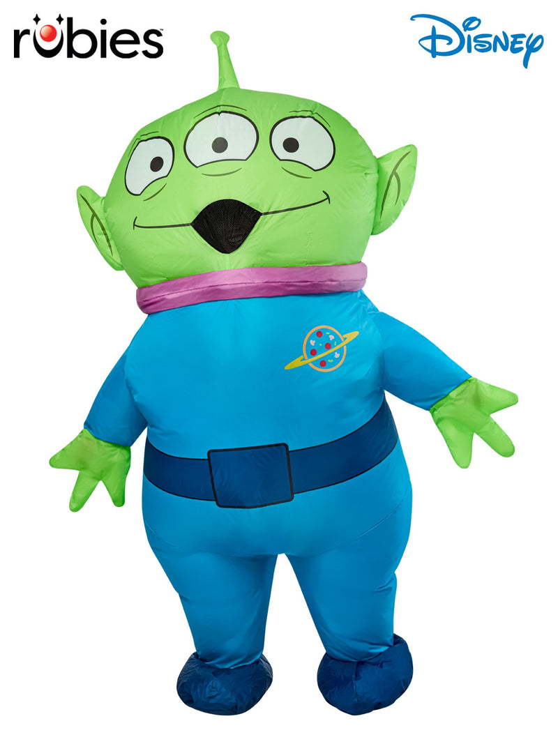 Adult wearing inflatable Toy Story Alien costume with three eyes and antenna
