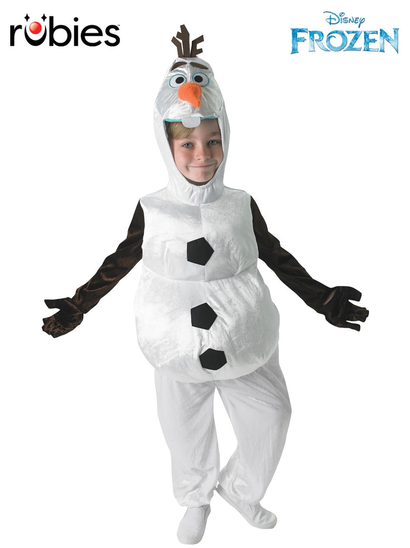 Child wearing Kids Olaf Snowman Costume with white velour jumpsuit and carrot nose