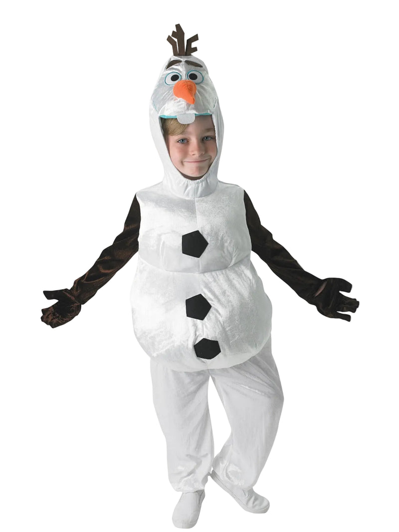 Child wearing Kids Olaf Snowman Costume with white velour jumpsuit and carrot nose