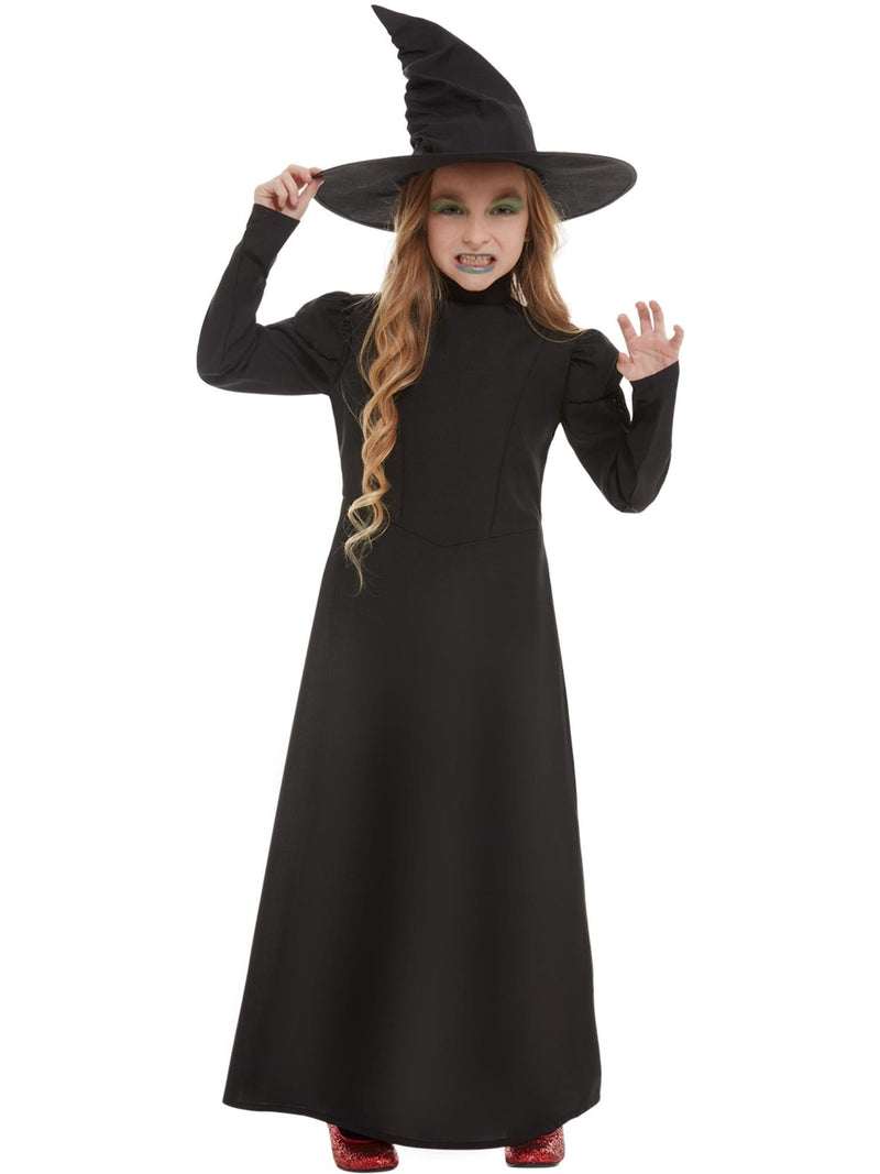 Kids wicked witch costume with floor-length black dress and curved pointed hat