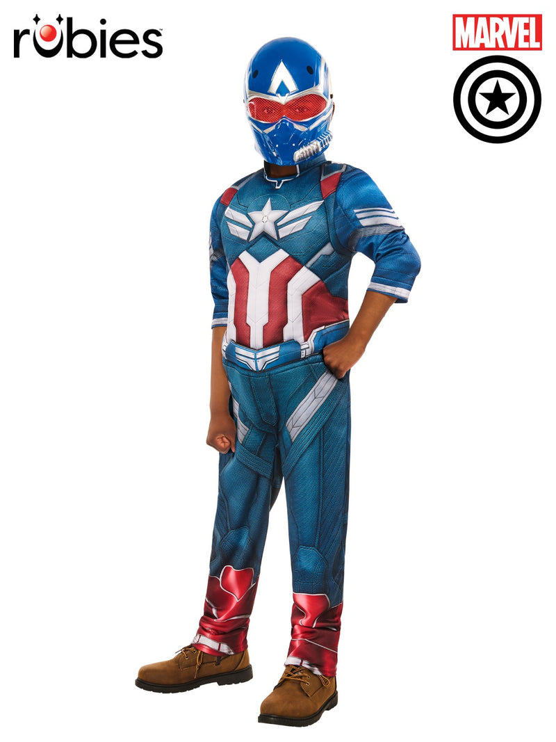 Kids Captain America deluxe costume with padded jumpsuit and hard mask front view