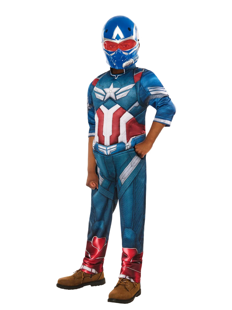 Kids Captain America deluxe costume with padded jumpsuit and hard mask front view