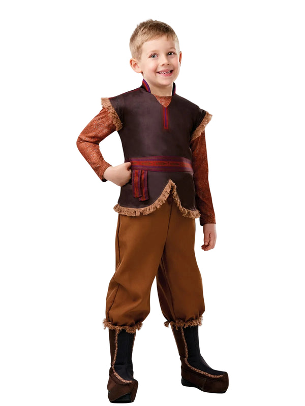 Kids Kristoff costume from Disney Frozen 2 with brown vest, orange sleeves, and boot covers