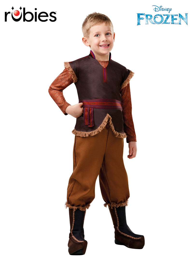 Kids Kristoff costume from Disney Frozen 2 with brown vest, orange sleeves, and boot covers