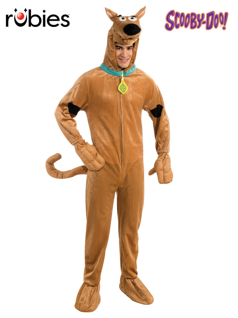 Adult Scooby-Doo costume full body jumpsuit with 3D sculpted hood and attached tail