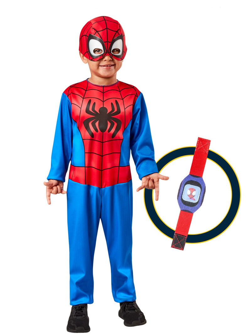 Kids Spider-Man costume box set with red and blue jumpsuit, mask and lenticular watch laid flat