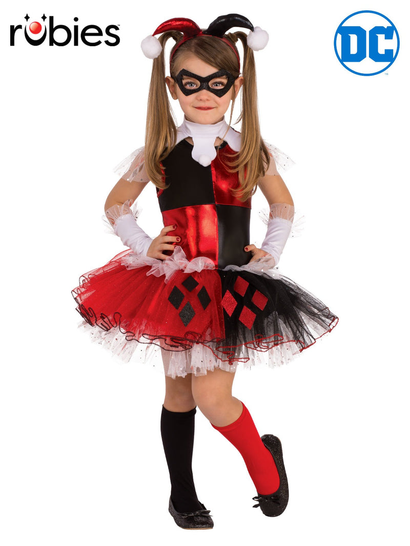 Kids Harley Quinn tutu costume with red and black jester bodice, layered diamond-motif skirt, and pompom horns headband