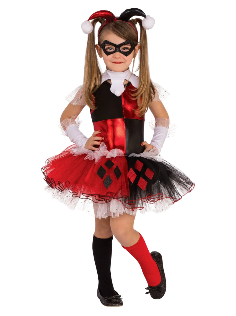 Kids Harley Quinn tutu costume with red and black jester bodice, layered diamond-motif skirt, and pompom horns headband