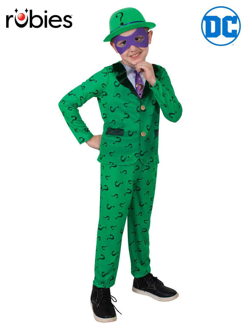 Kids The Riddler Costume - green question mark suit with purple mask and bowler hat