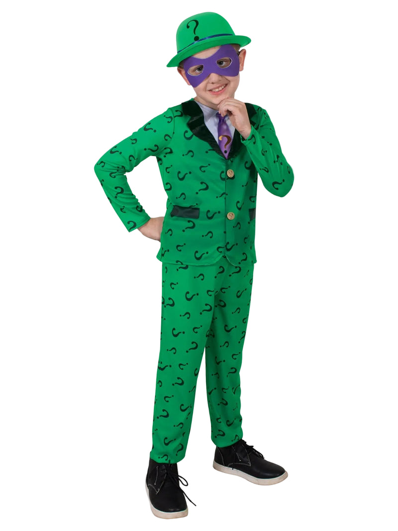 Kids The Riddler Costume - green question mark suit with purple mask and bowler hat