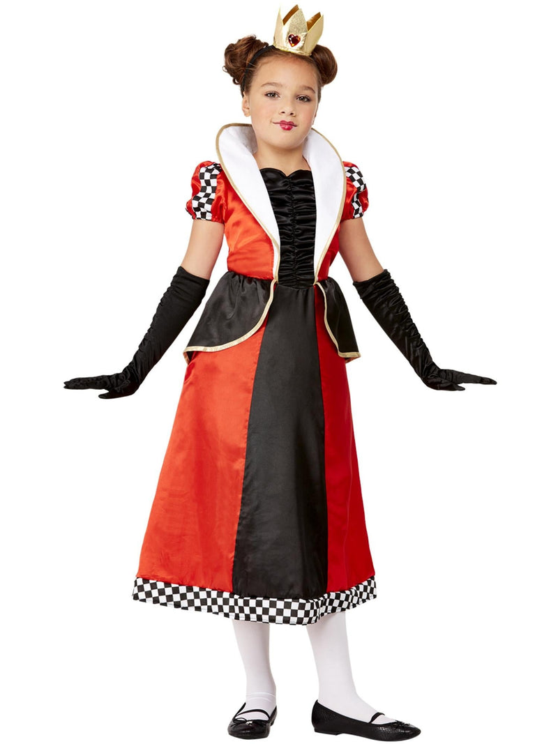 Kids Queen of Hearts costume front view showing red and black dress with high collar and crown