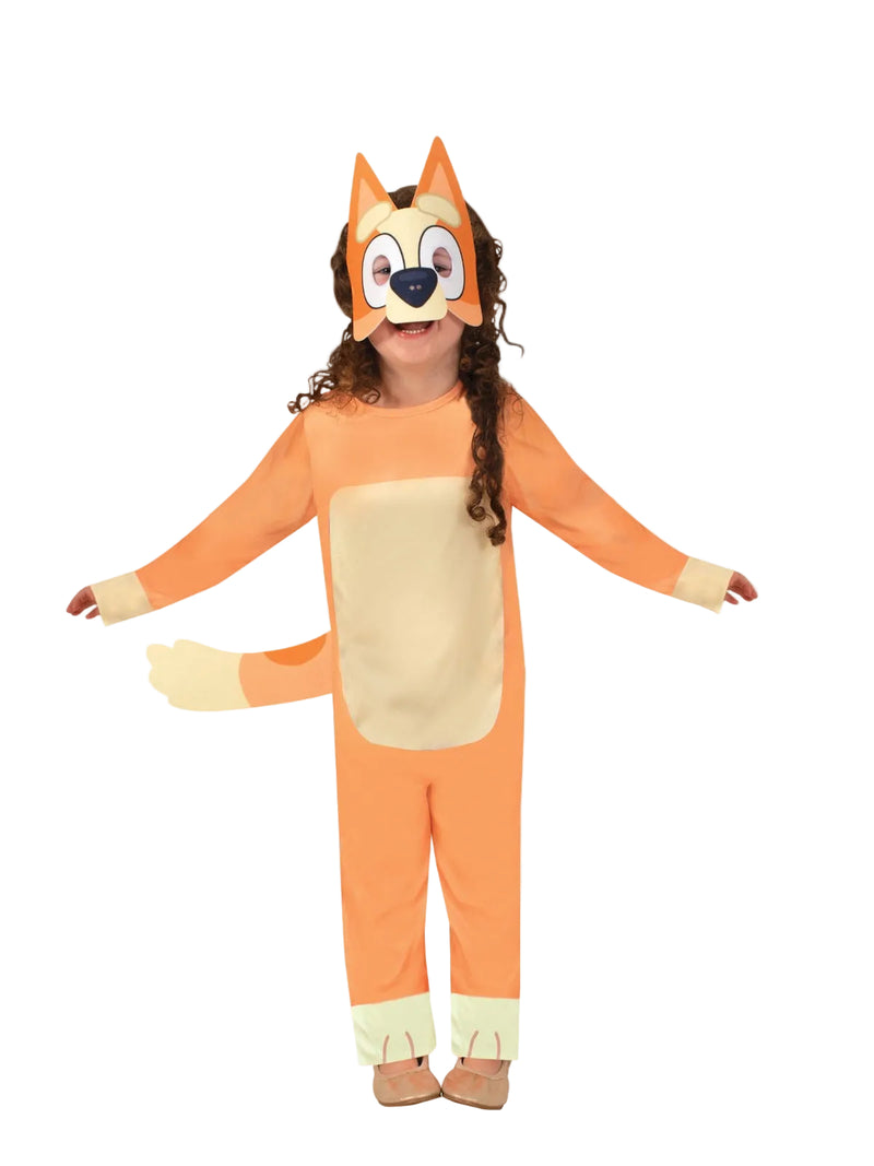 Child wearing orange Bingo costume from Bluey with attached tail and felt mask