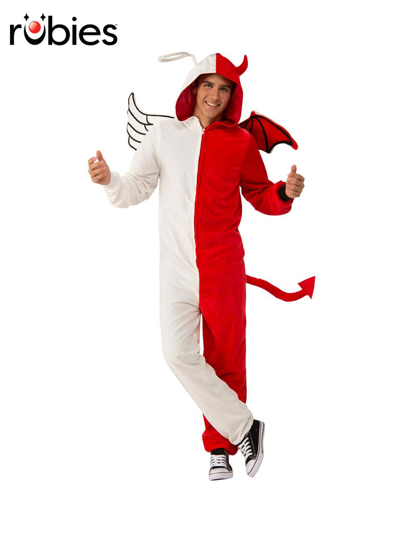 Adult angel devil split onesie costume front view showing white left half and red right half with hood
