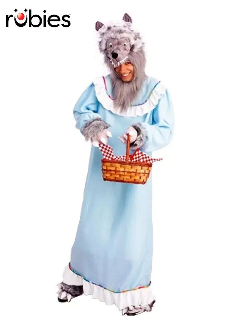 Adult Granny Wolf costume with 3D padded wolf headpiece wearing bonnet and wire glasses