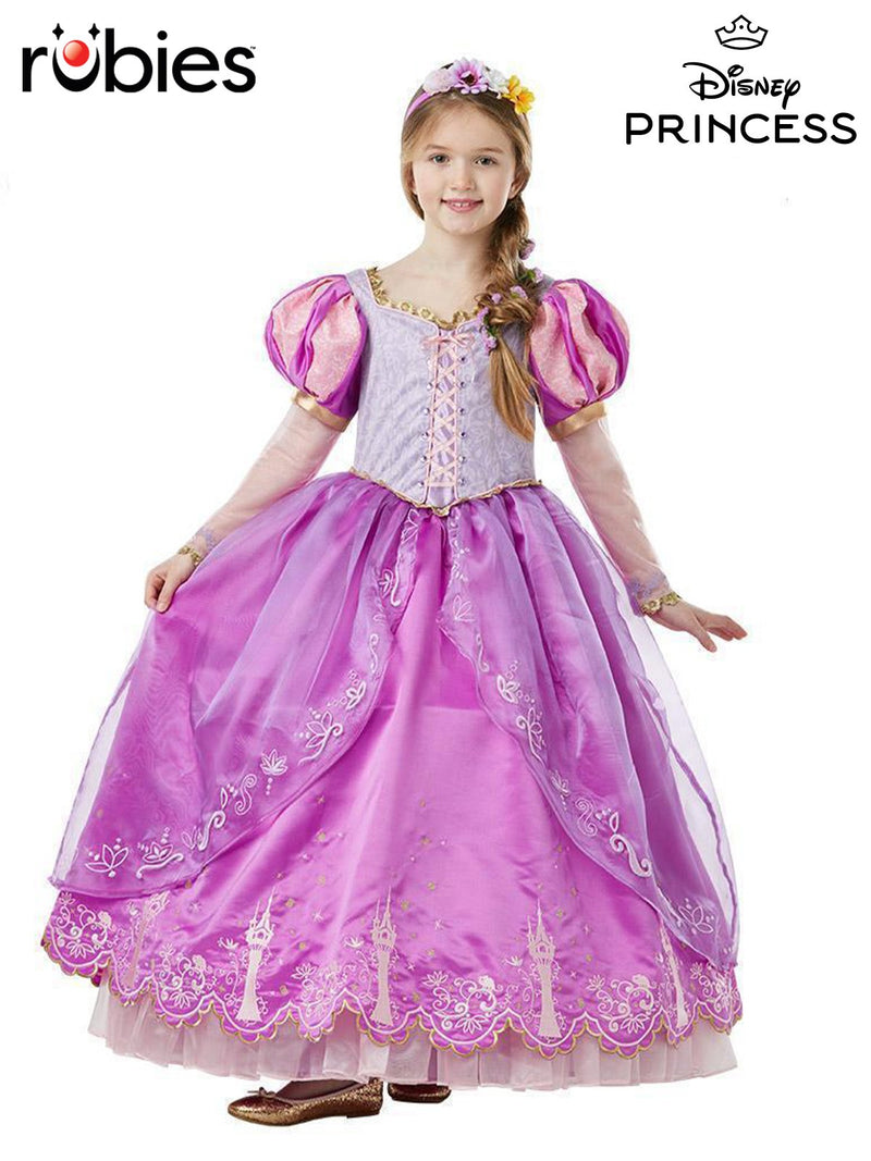 Kids Rapunzel premium costume dress with lilac bodice and pink puff sleeves