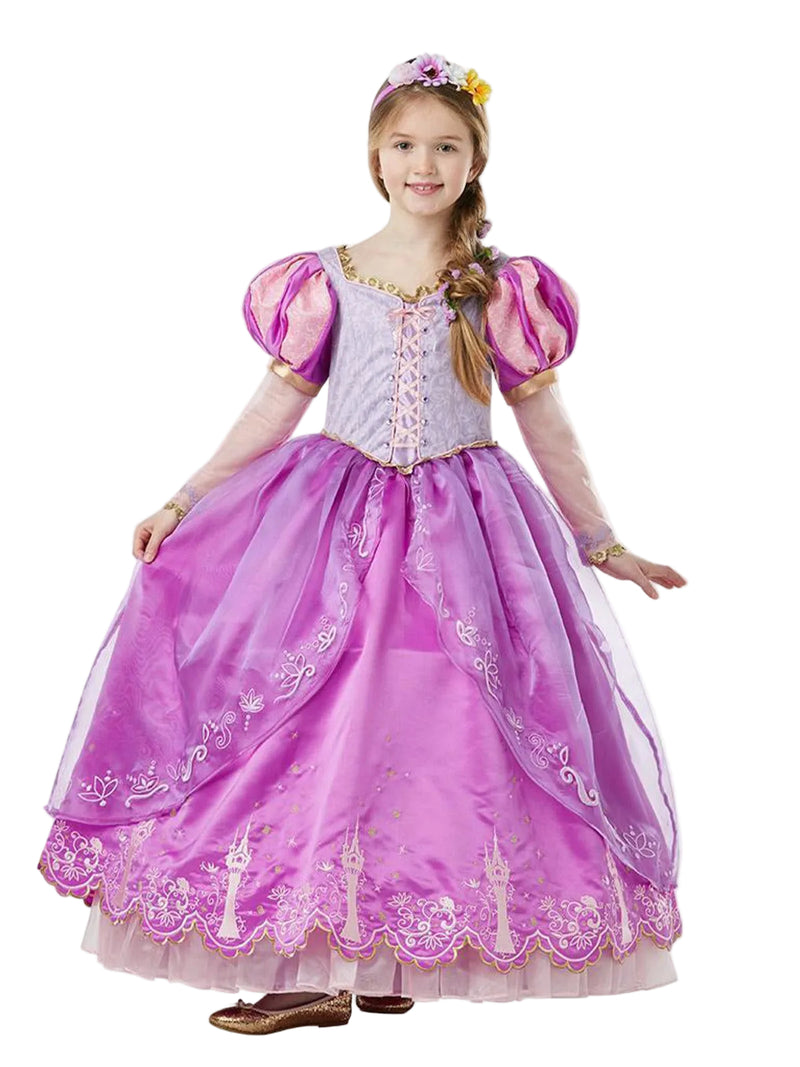 Kids Rapunzel premium costume dress with lilac bodice and pink puff sleeves