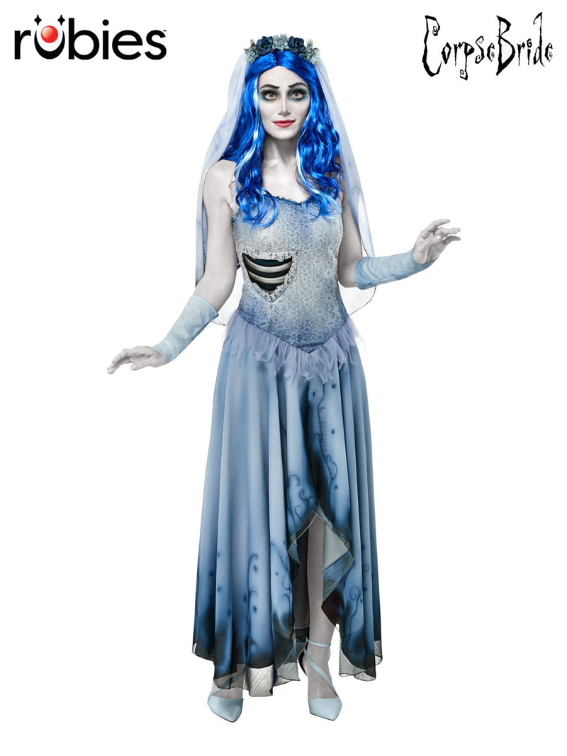 Womens Emily Corpse Bride costume dress in ombre blue with black rose veil and mesh gauntlets