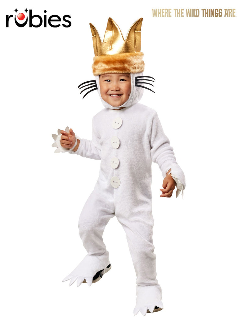 Kids Max Wolf Costume from Where The Wild Things Are with white jumpsuit and gold crown