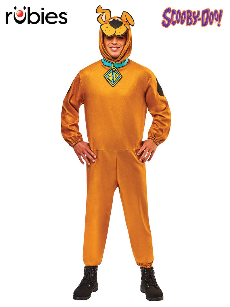 Adult wearing brown Scooby-Doo jumpsuit costume with attached hood and tail, front view