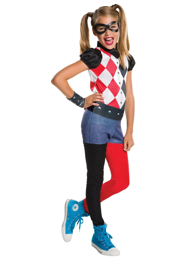 Kids Harley Quinn costume jumpsuit with diamond pattern bodice and split-leg pants