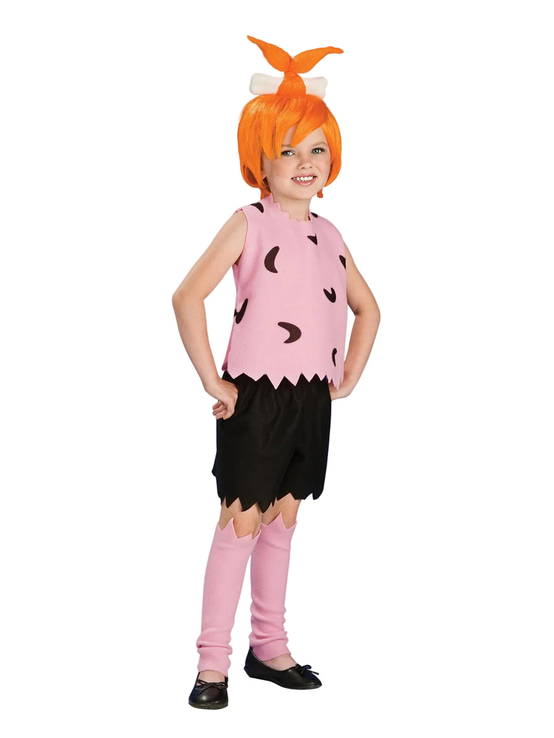 Kids Pebbles Flintstone costume with pink stone-age tunic, orange wig, and leg warmers